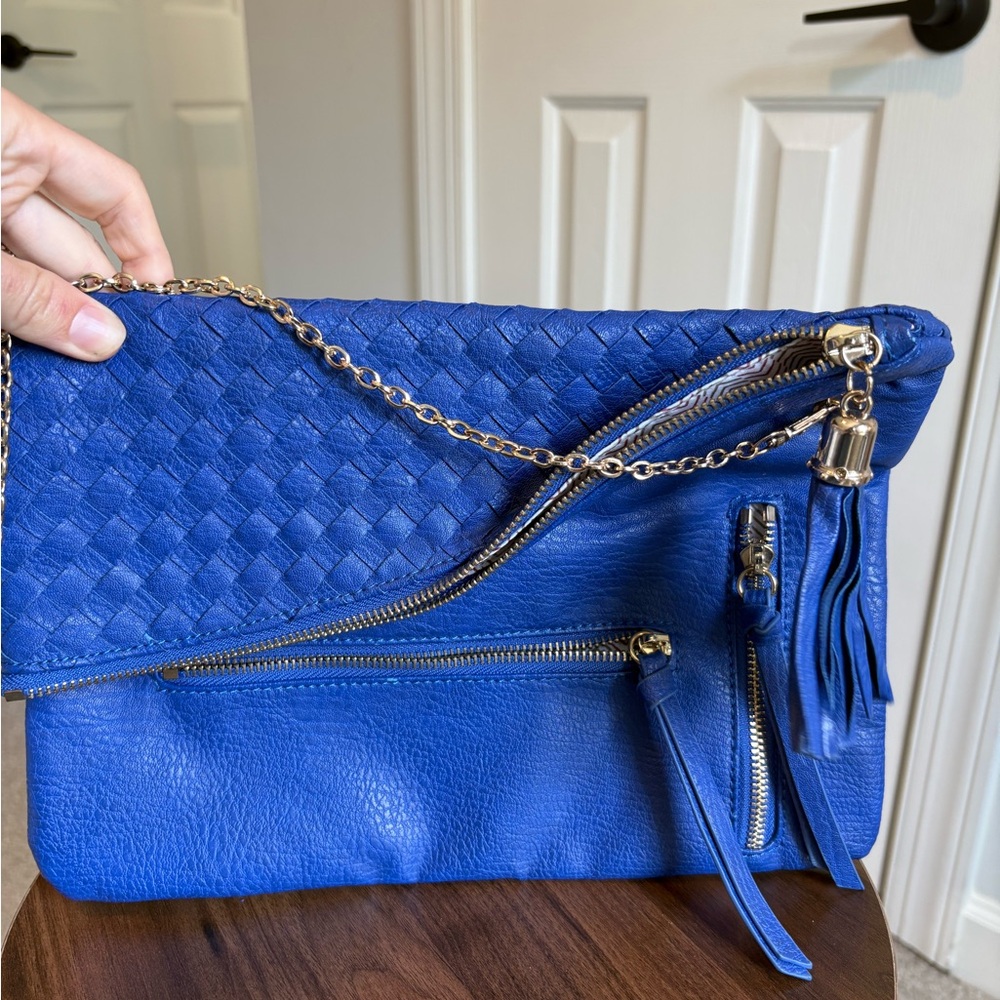Moda Luxe Royal Blue Woven Foldover Leather Clutch Crossbody with Gold Chain